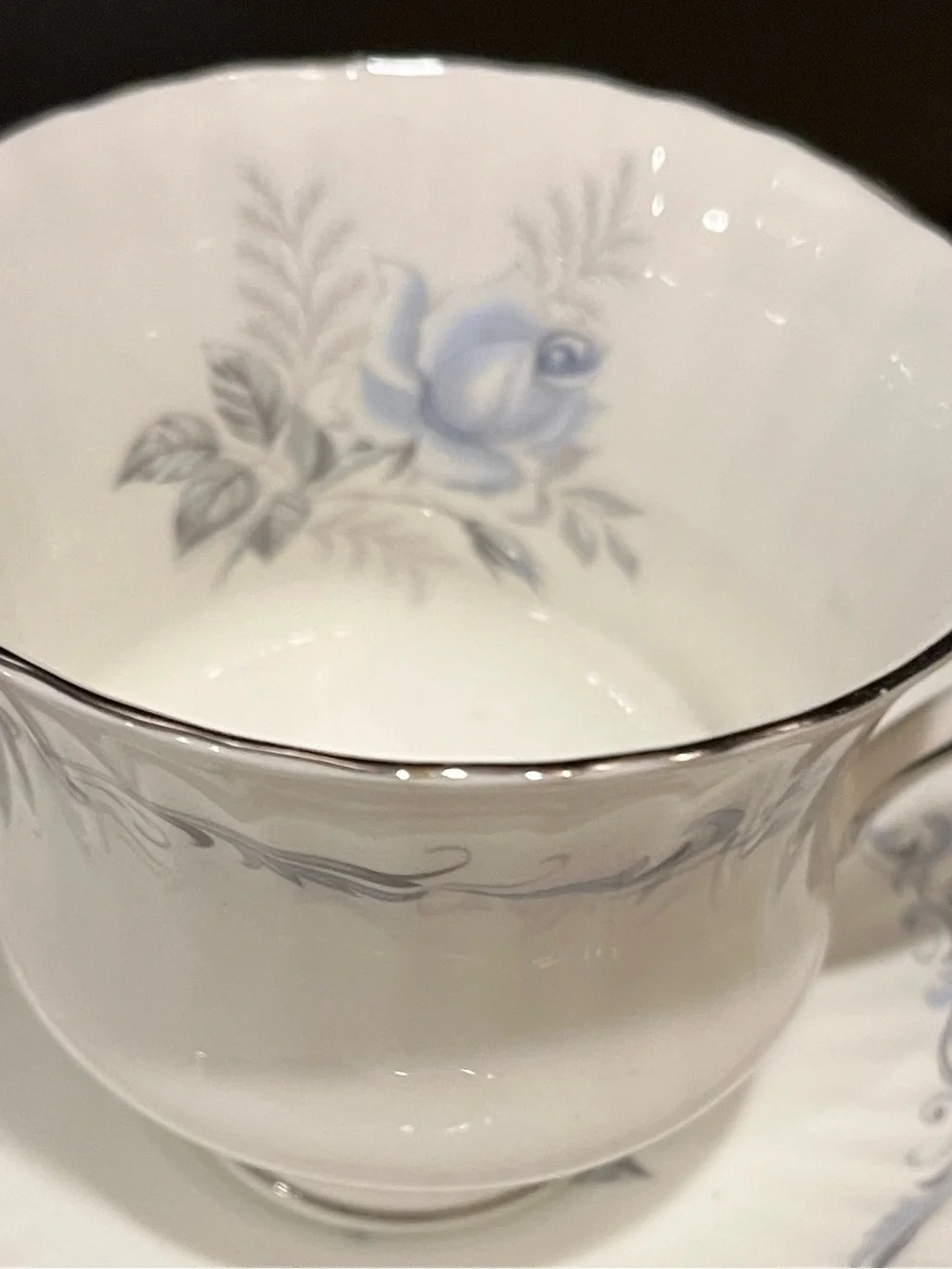 PARAGON Morning Rose Bone China Teacup and Saucer with Blue Rose and Silver Trim